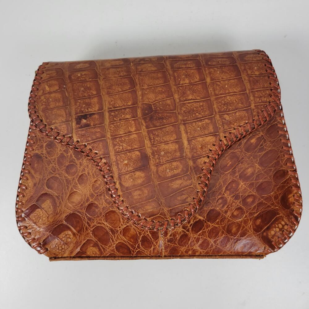 Vintage Womens Genuine Alligator Skin Leather Clutch Purse Cognac Brown Handmade